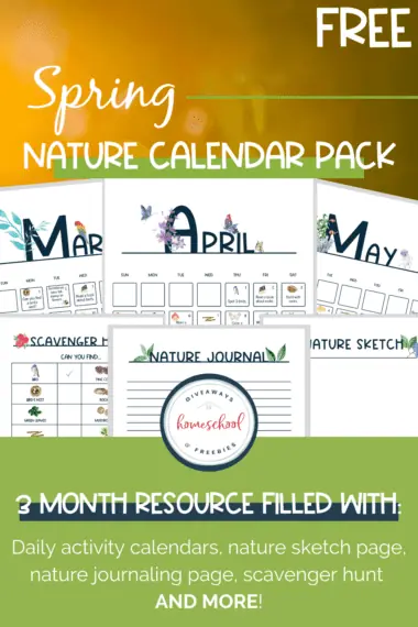 Free Spring Nature Calendar Pack text and image background of printable examples for the different months