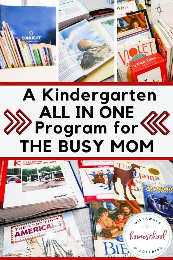 A Kindergarten All in One Program for the Busy Mom text banner with background image collage of different children\'s books