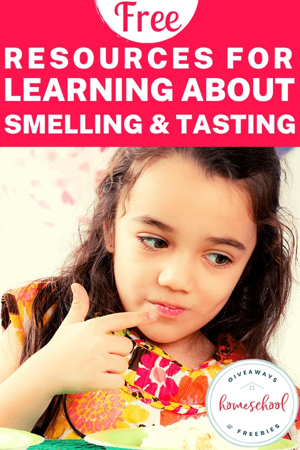 FREE Resources for Learning About Smelling and Tasting text with image of a little girl trying something from her finger