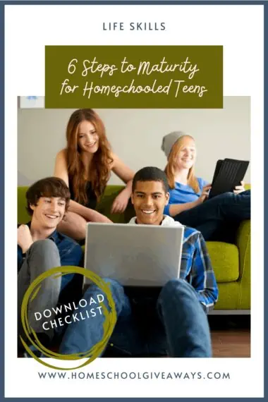 image of teens on couch with computers with text overlay. Life Skills 6 Steps to Maturity for Homeschooled Teens. Get checklist at www.Homeschoolgiveaways.com