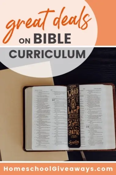 Great Deals on Bible Curriculum text and background image of a Bible open