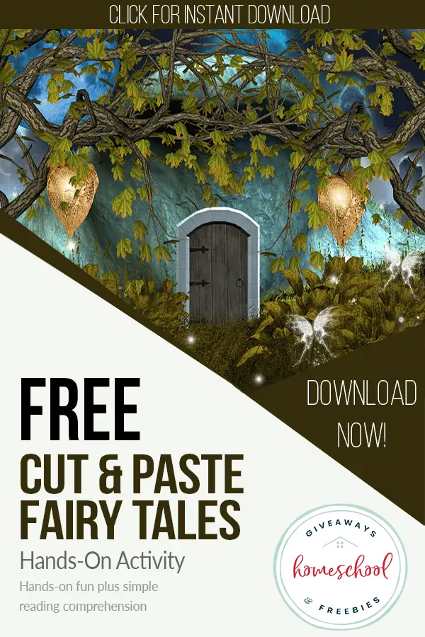 FREE Cut & Paste Fun with Fairy Tales text with background image of a fairytale land