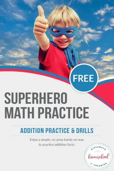 Free Superhero Math Practice text with image background of a kid dressed up like a super hero