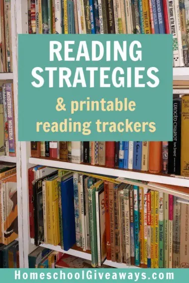Reading Strategies & Printable Reading Trackers text with image of bookshelves full with books