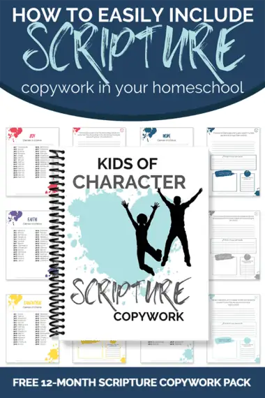 How to Easily Include Scripture Copywork in Your Homeschool text and image example of workbook cover with background of worksheets pages