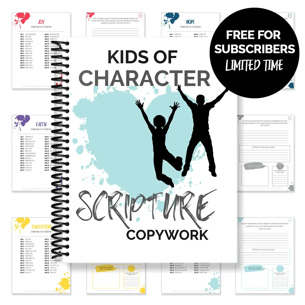 Kids of Character Scripture Copywork text and image of workbook cover with background of worksheet pages