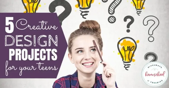 5 Creative Design Projects for Your Teens text and image of a girl smiling with a pencil in her hand and background of floating illustrated lightbulbs