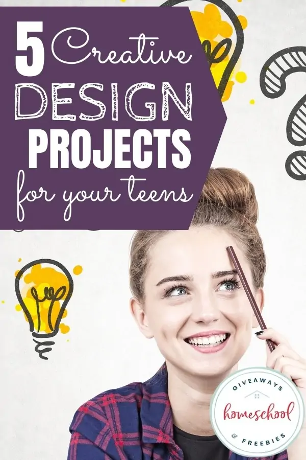 5 Creative Design Projects for Your Teens text and image of a girl smiling with a pencil in her hand and background of floating illustrated lightbulbs