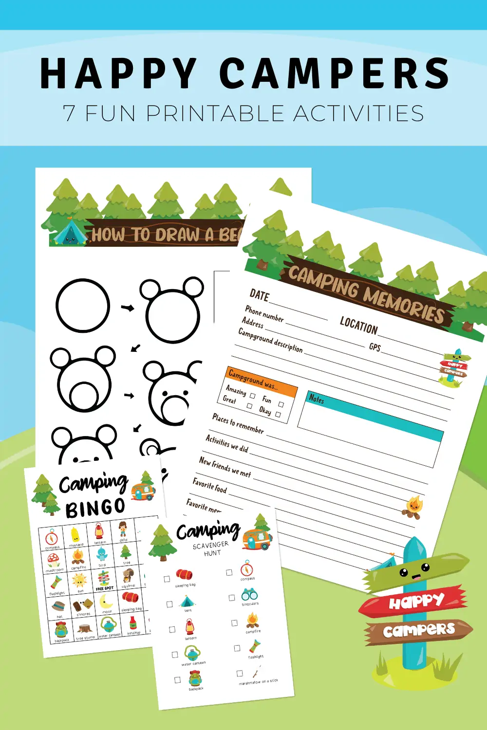Happy Campers 7 Fun Printable Activities text with examples of fun activity printables with camping theme for kids