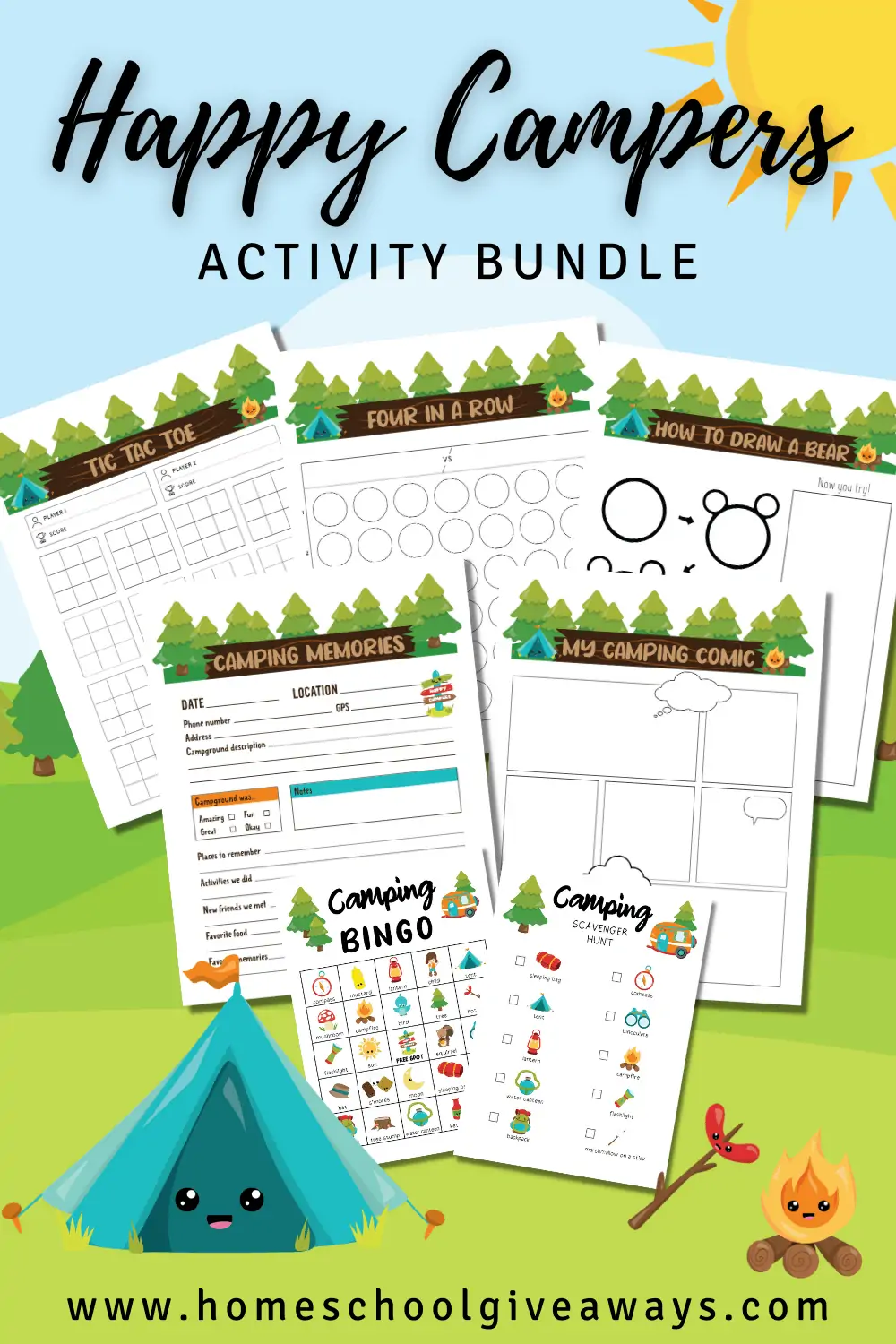 multiple different camping themed activity printables spread out over an illustrated forest background with cartoon tent and bonfire