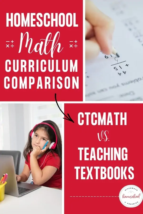 Homeschool Math Curriculum Comparison text and image of child doing math homework with headphones on