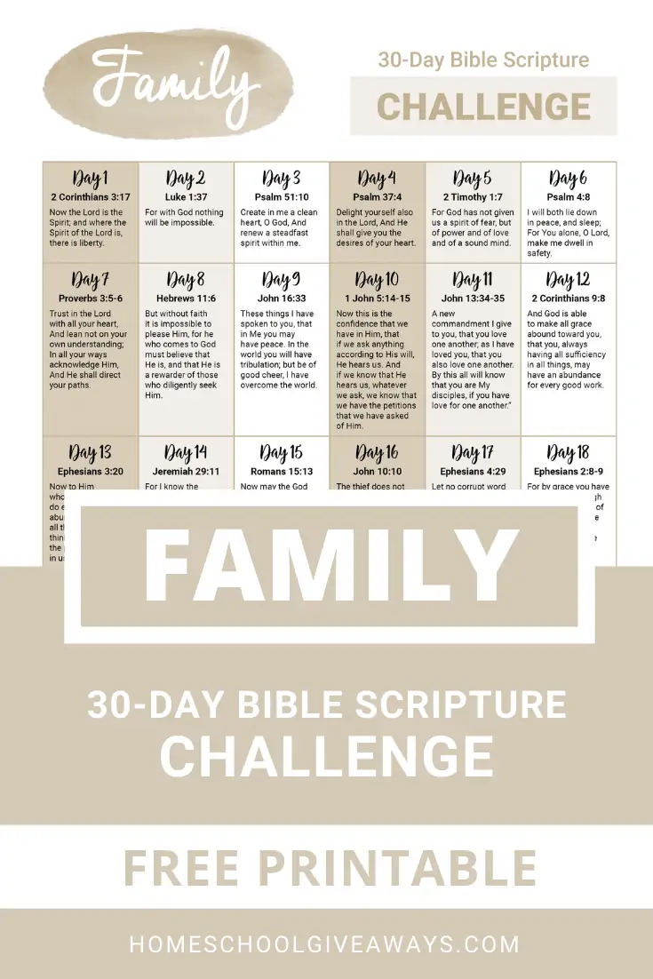 a lightly colored pink and white calendar printable with text Family 30-Day Bible Scripture Challenge