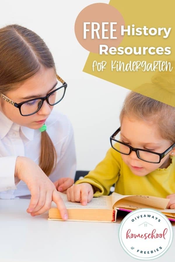 two children sitting, reading and pointing at a book together with text Free History Resources for Kindergarten