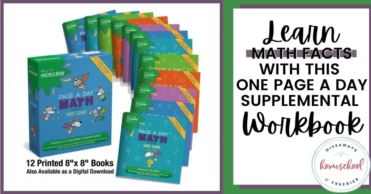 Learn Math Facts with this One Page a Day Supplemental Workbook text bubble next to an image of various colored math workbooks spread out