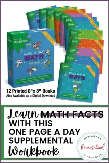 Page a Day Math book set text and image example with a white background