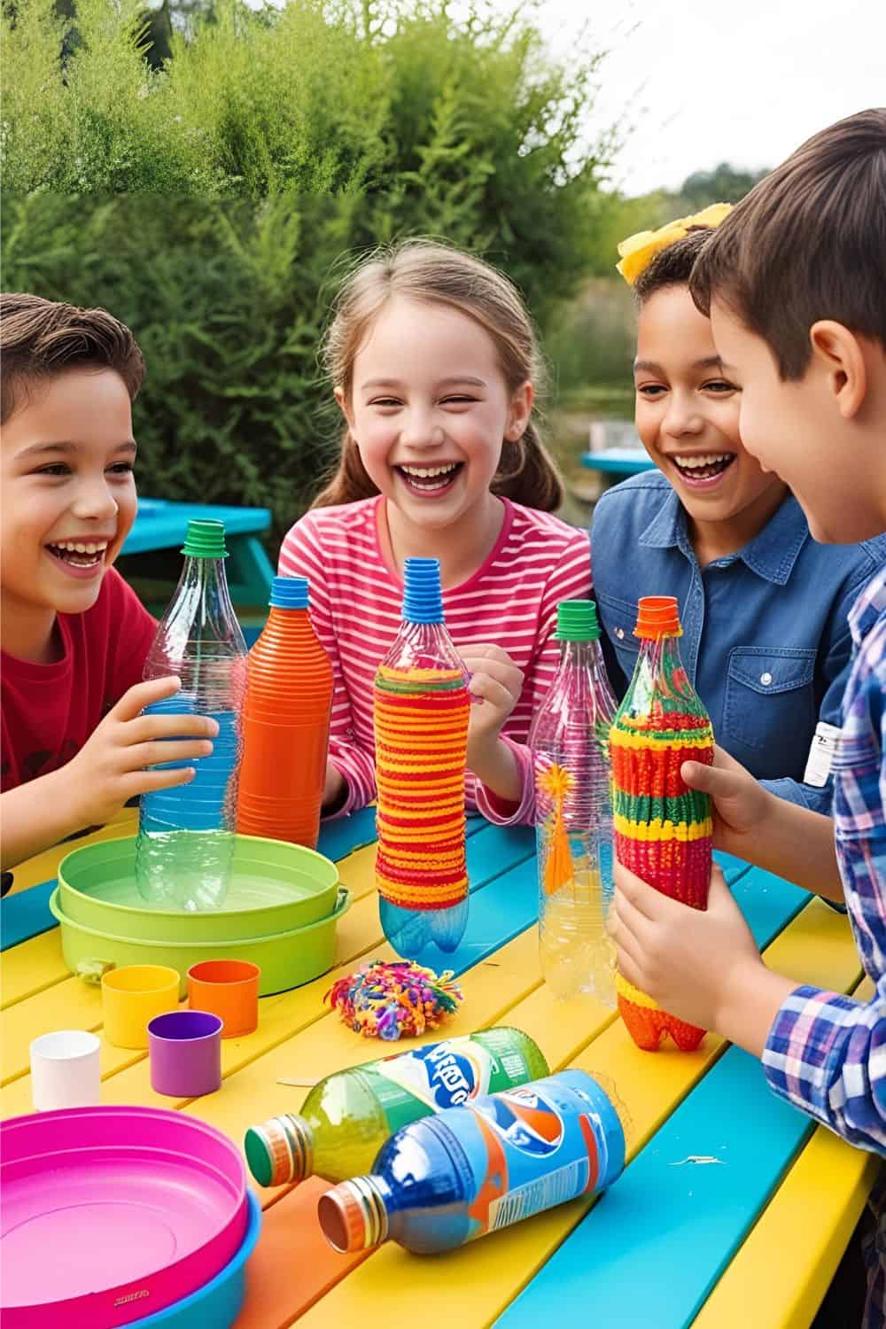 4 kids smiling and working on recycling activities at outside table