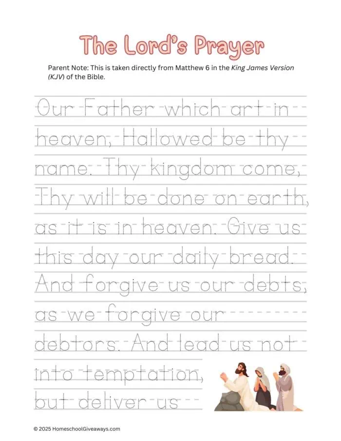 Lord's Prayer handwriting working with image of Jesus and 2 others praying