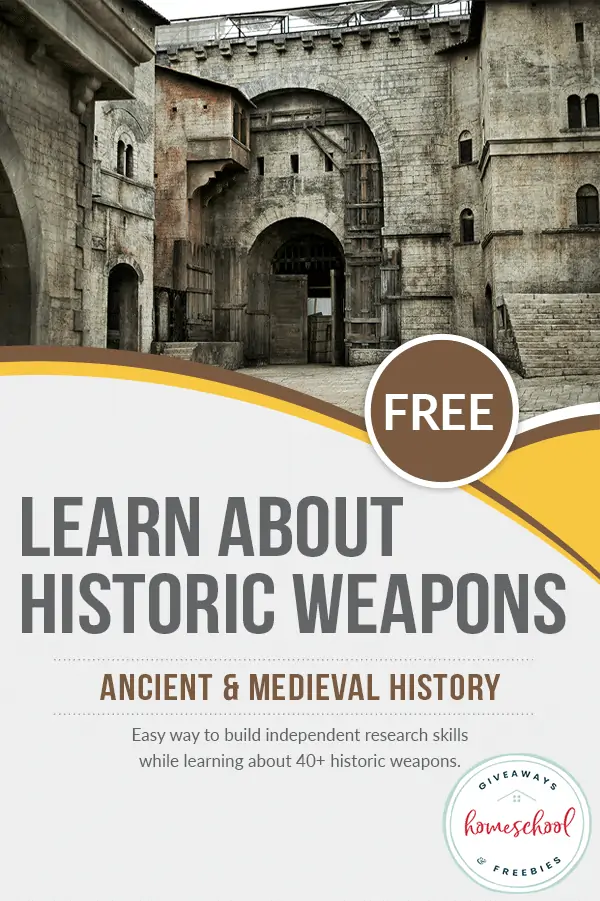 Free Learn About Historic Weapons text and image background of medieval times building