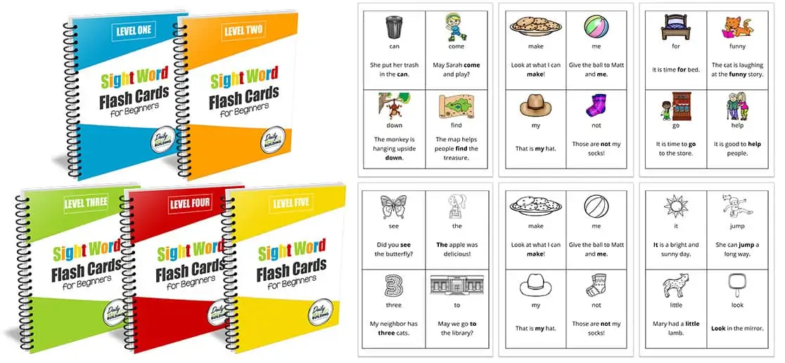 five different level sight word flash card workbooks with examples of printable illustrated flash cards with words