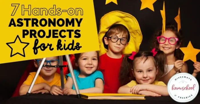 A bunch of kids posing together for a picture with yellow stars on a black back drop behind them and a telescope. A yellow banner with black text Astronomy Projects for Kids