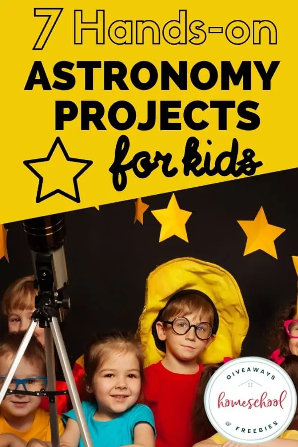 A bunch of kids posing together for a picture with yellow stars on a black back drop behind them and a telescope. A yellow banner with black text Astronomy Projects for Kids