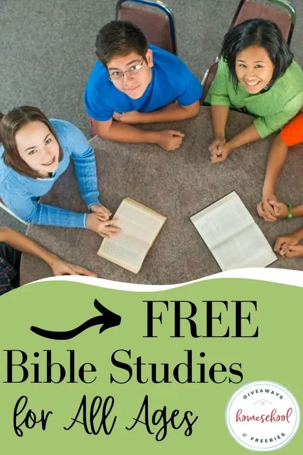 Free Bible Studies for All Ages text with image of kids all sitting in a circle with Bibles out