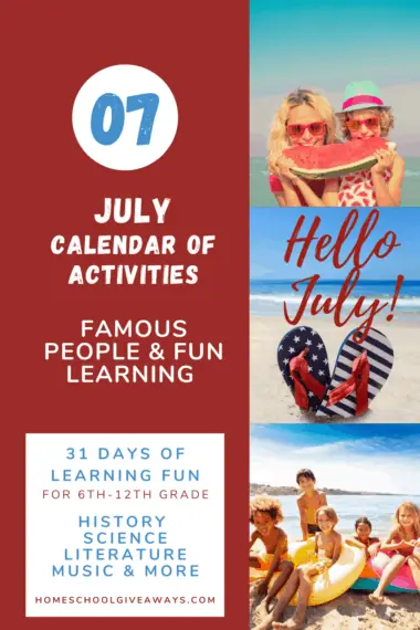Hello July calendar of famous people at www.captivatingcompass.com