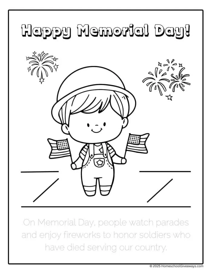 memorial day coloring page with child holding flags