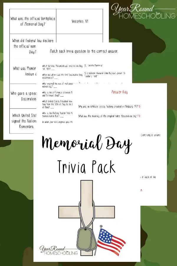 Memorial Day trivia pack printable pages on top of a camouflaged background