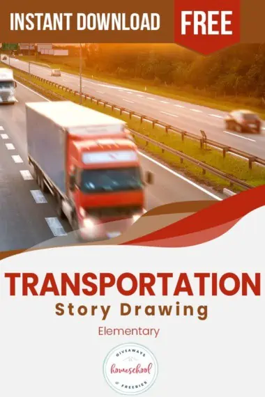 A  red semitruck on the highway with text Transportation Story Drawing