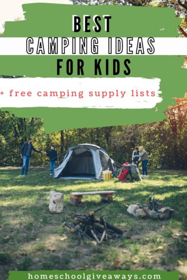 Best Camping Ideas for Kids + Free Printable text overlay on image of family tent camping