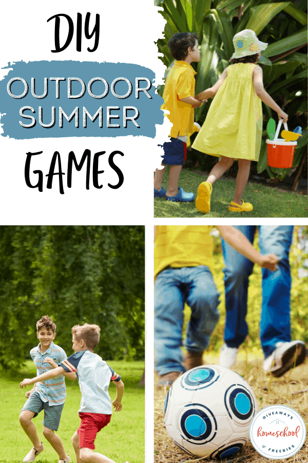 kids playing outside in the sun with text overlay DIY Summer Games