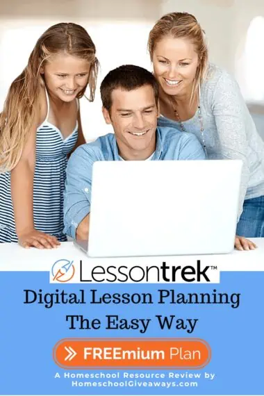 image of family looking at laptop with text overlay. Digital Lesson Planning The Easy Way. Lessontrek. A Homeschool Resource Review by www.HomeschoolGiveaways.com