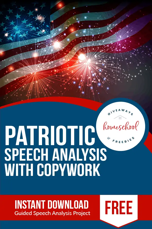 Fireworks in the night sky with an American flag and text Patriotic Speech Analysis with Copywork