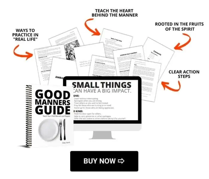 Spiral bound Good Manners Guide and Good Manners Poster displayed on a screen with a buy now button with arrow. good manners guide book and pages
