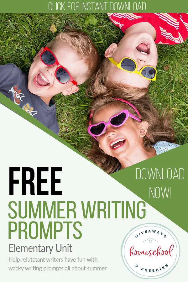 three kids wearing sunglasses laying in the grass smiling with text Free Summer Writing Prompts