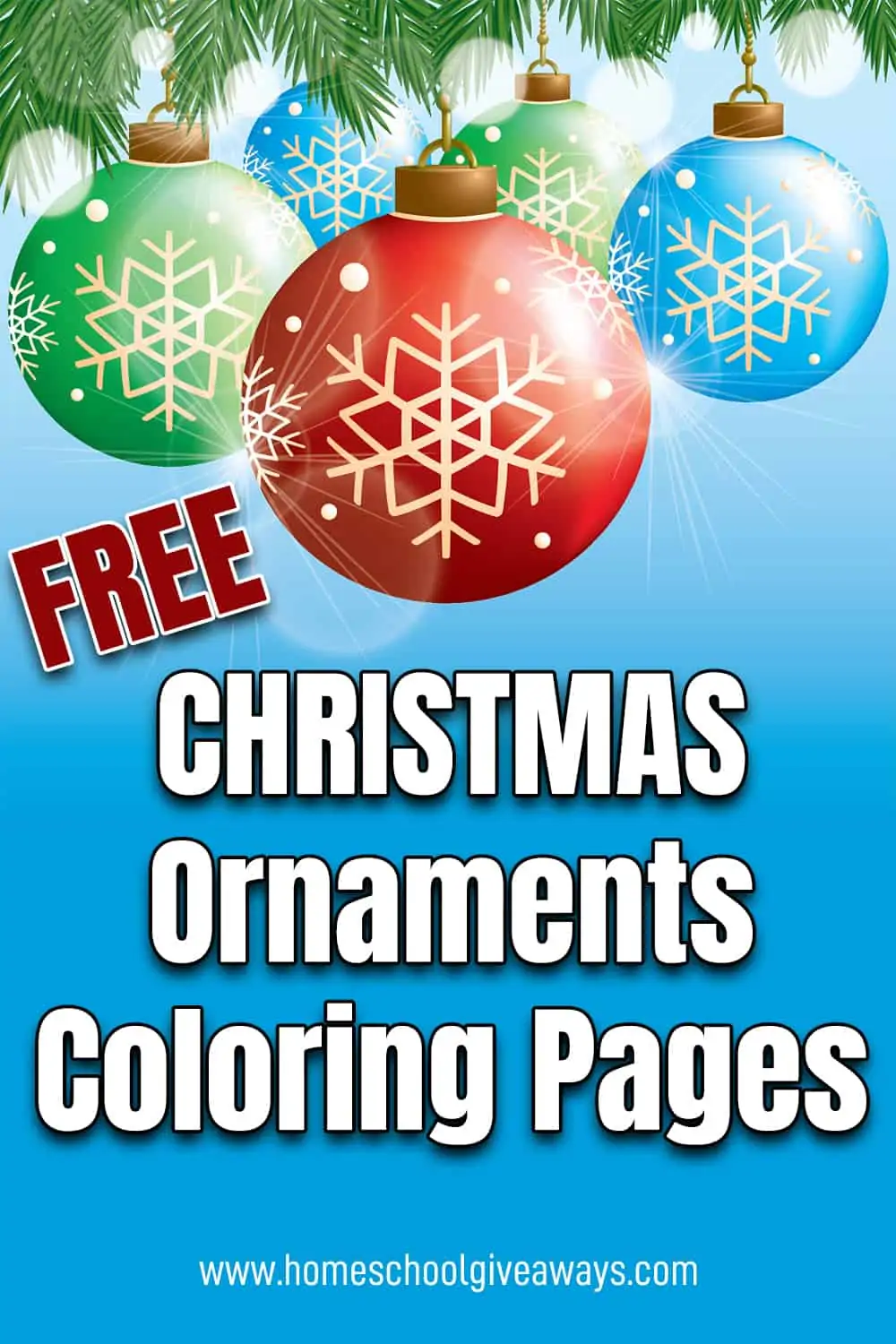 five different colored illustrated round Christmas ornaments and text Christmas Ornaments Coloring Pages