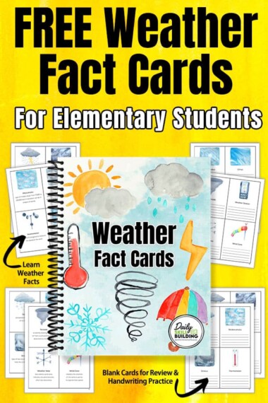 Elementary students weather fact cards with workbook and pages scattered and a yellow background