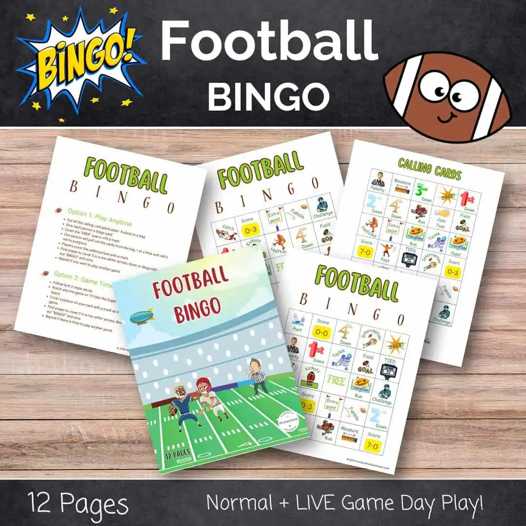 football bingo pages with 2 football players, ref, and images from the game