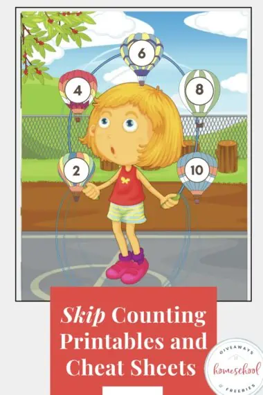 Cartoon image of a girl jumping rope with skip counting numbers on the rope. There is text overlay at the bottom with white letters and red background.