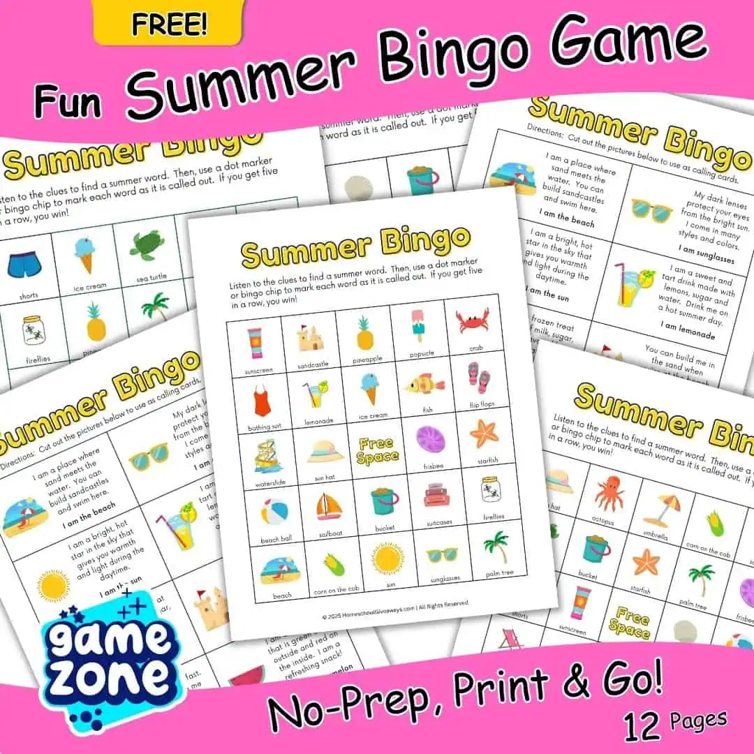 summer bingo game pages with summer images like shorts, beach, sandcastles and more