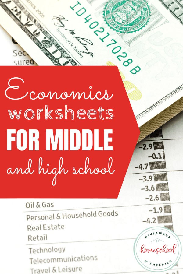 Economics Worksheets for Middle High School text with an image of money and calculations on paper in the background