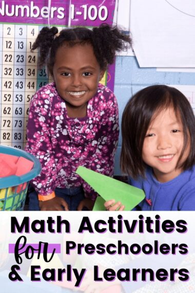 Two adorable math students smiling at us while holding hands-on math activities with "Math Activities for Preschoolers & Early Learners" in text overlay