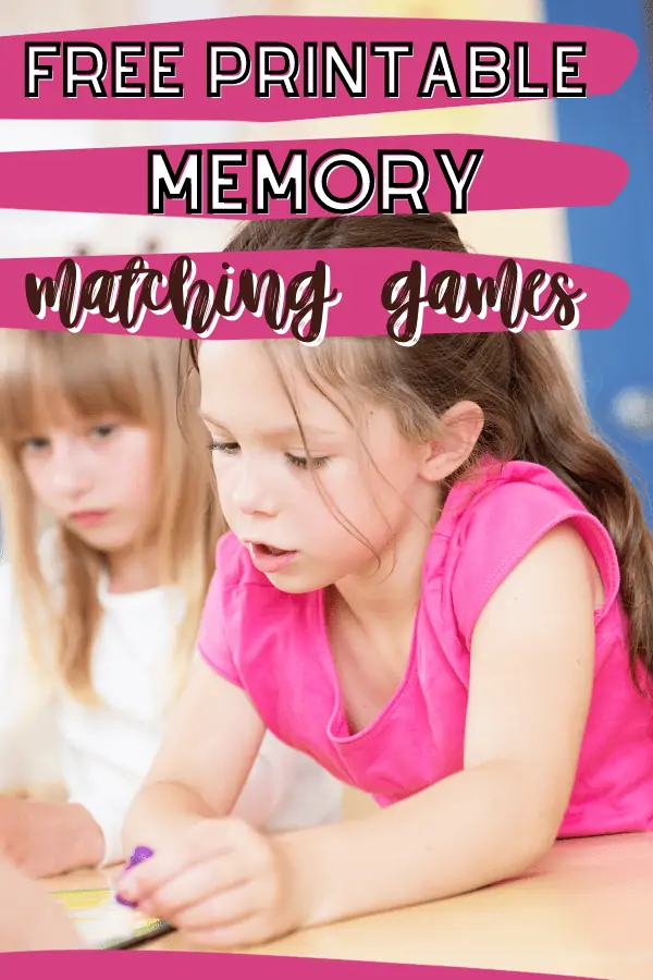 Two young girls playing a matching memory game, with pink and white tones and text overlay Free printable memory matching games