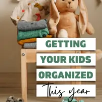 Bunny on chair and text overlay getting your kids organized