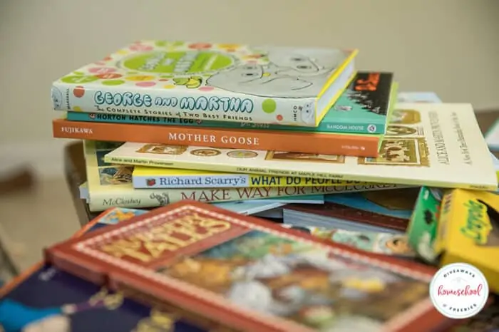 Sonlight preschool books on coffee table