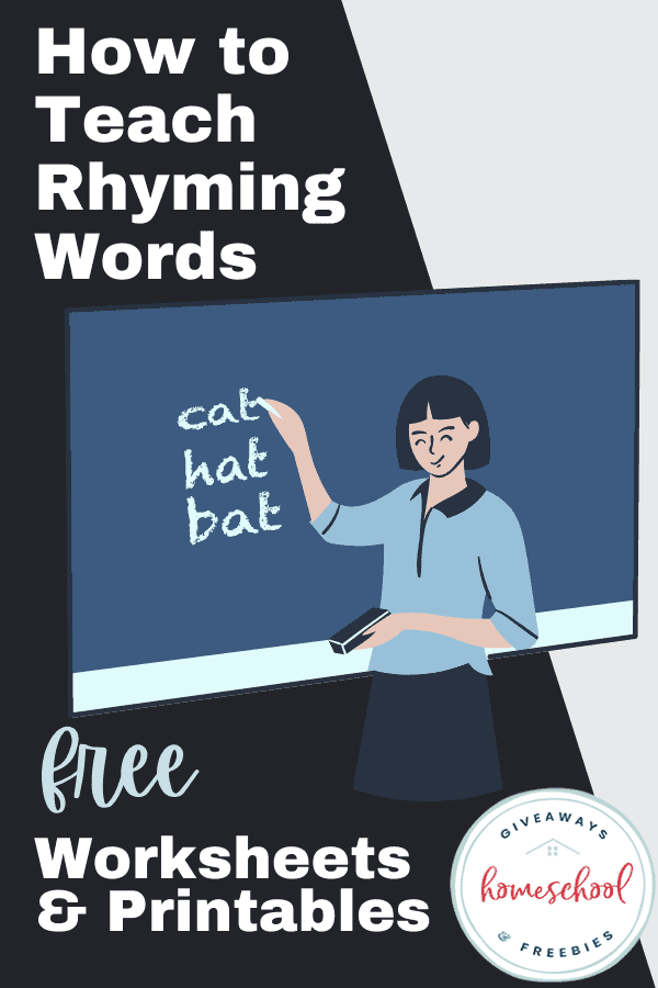 graphic of a teacher writing rhyming words on a chalkboard. How to Teach Rhyming Words - Free Worksheets & Printables