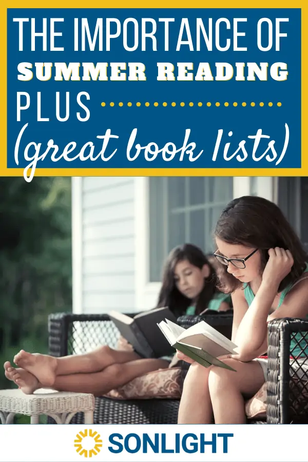 Girls reading on the porch with text The Importance of Summer Reading Plus Great Book Lists