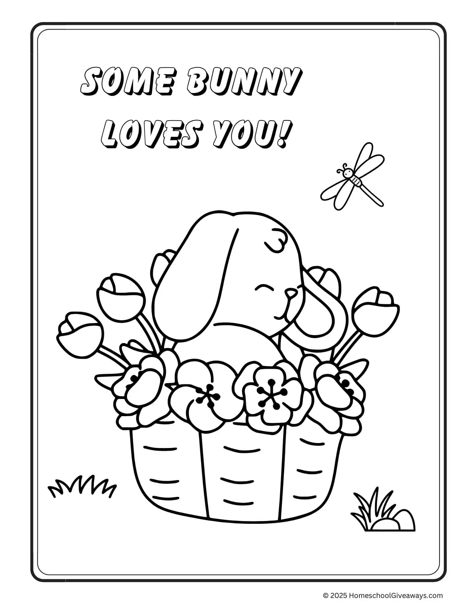 Spring coloring page with a bunny asleep in a basket with flowers