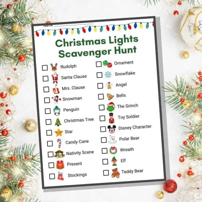 The Christmas Lights Scavenger hunt printable on a white background with ornaments.